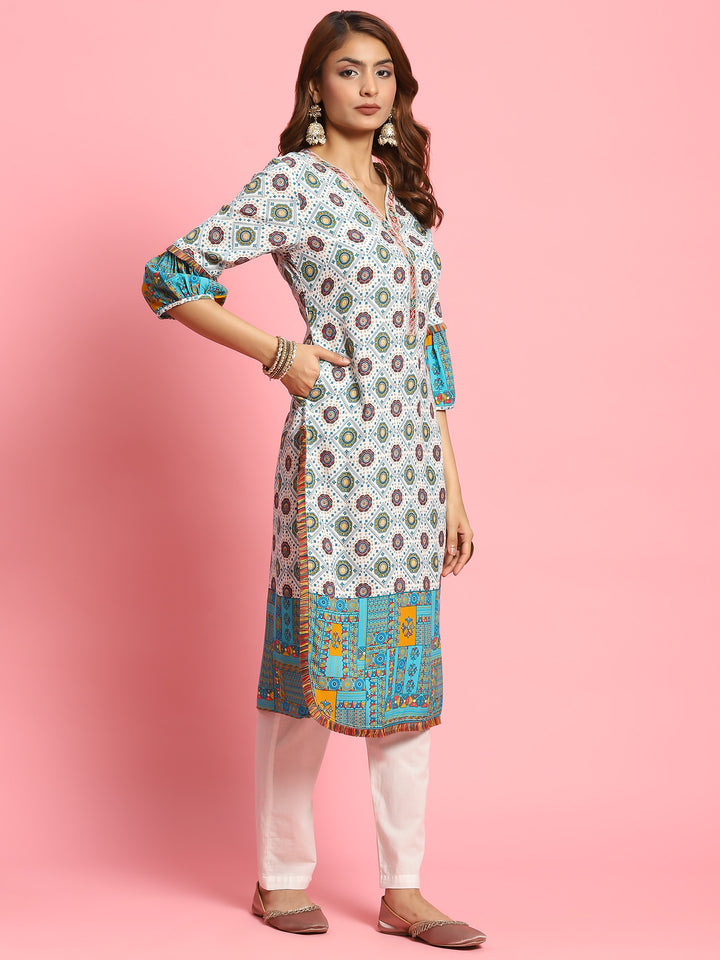 Women's Liva (Rayon) White Geometric Print Kurta