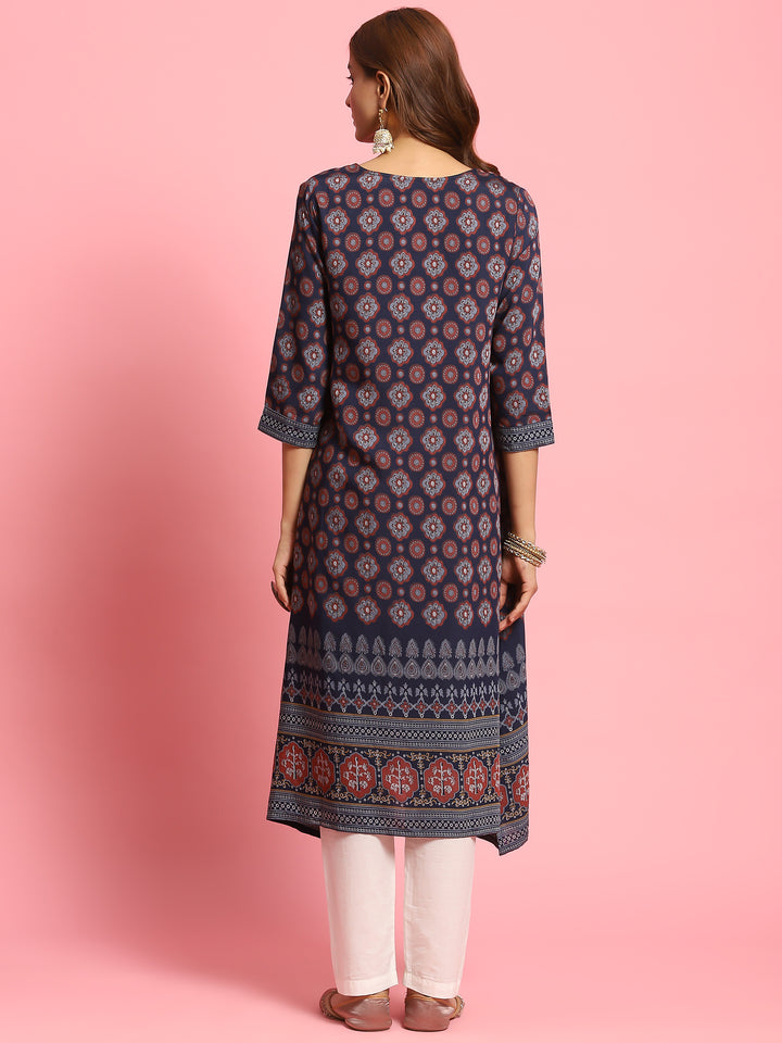 Women's Muslin Navy Blue Butti Print Kurta