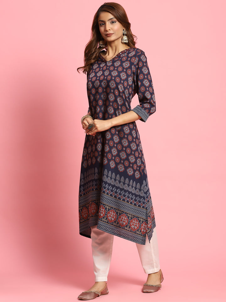 Women's Muslin Navy Blue Butti Print Kurta