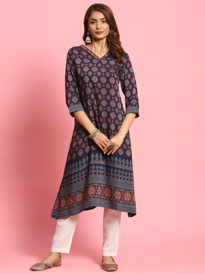 Women's Muslin Navy Blue Butti Print Kurta