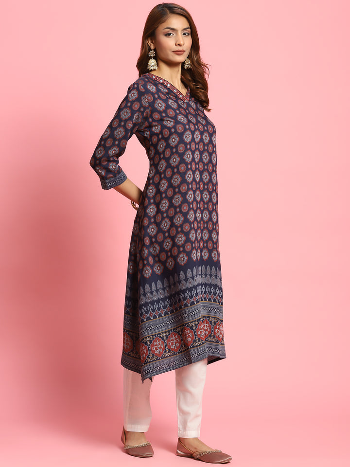 Women's Muslin Navy Blue Butti Print Kurta