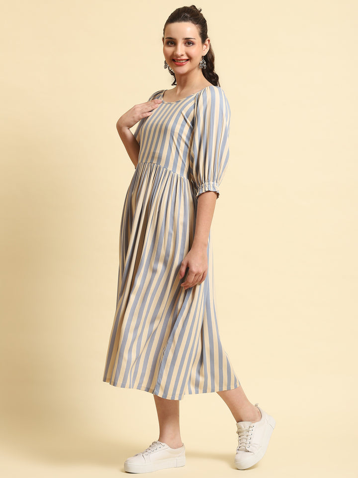 Women's Liva (Rayon) Blue Stripe Print Dress