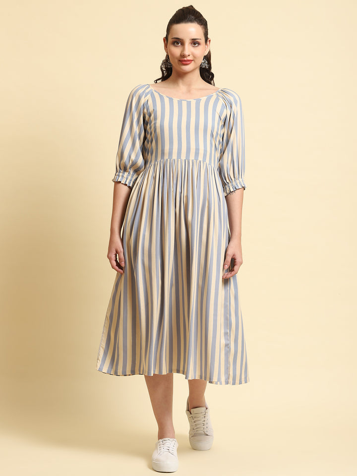Women's Liva (Rayon) Blue Stripe Print Dress