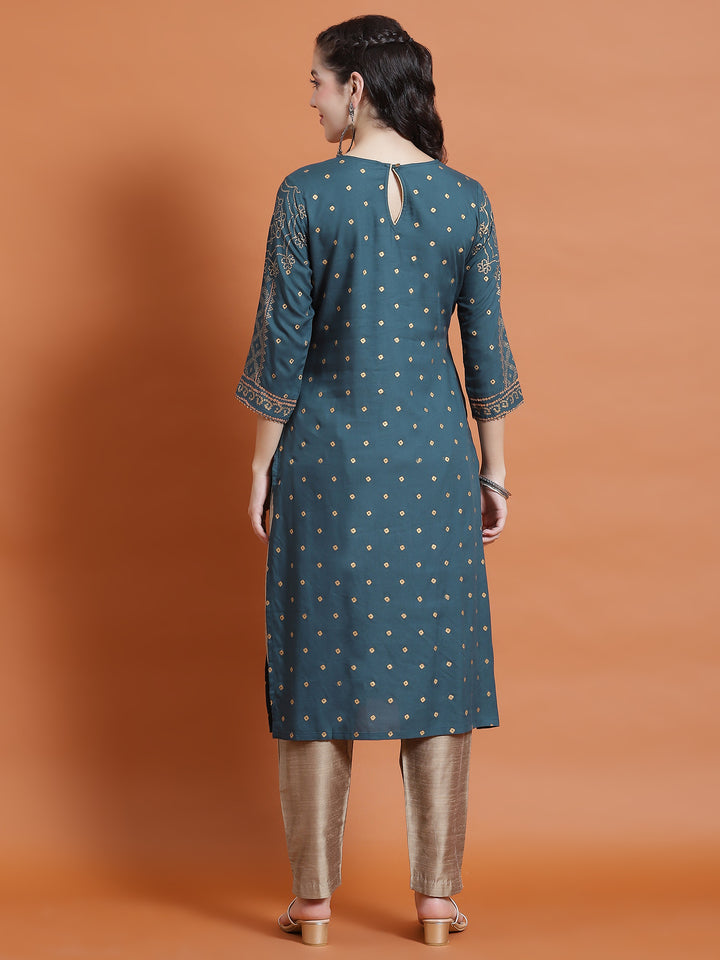 Women's Liva (Rayon) Teal Ornamental Print Kurta