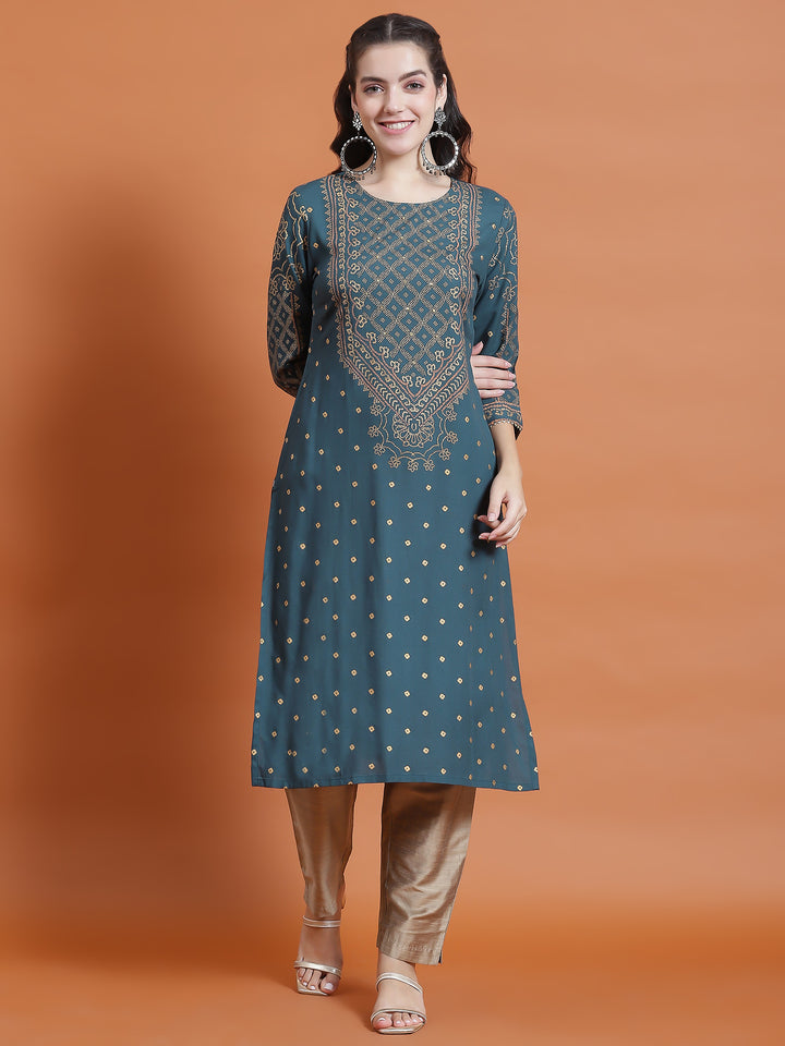 Women's Liva (Rayon) Teal Ornamental Print Kurta