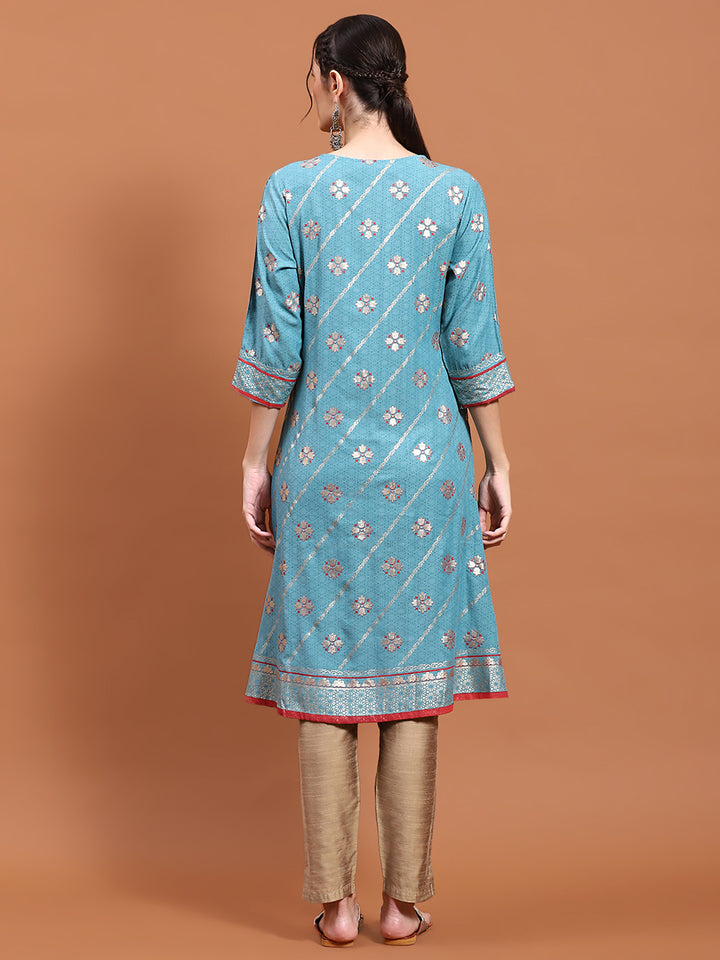 Women's Liva (Rayon) Teal Floral Print Kurta