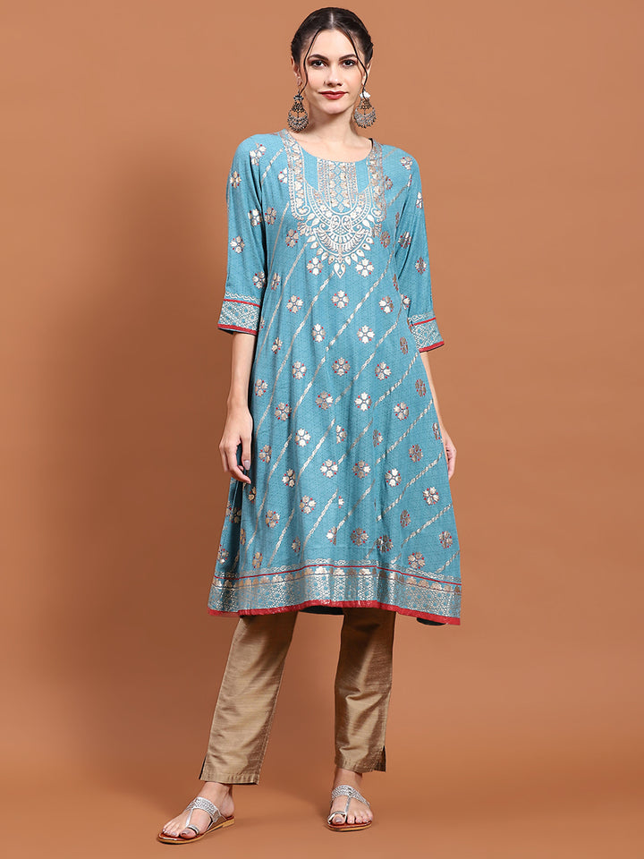 Women's Liva (Rayon) Teal Floral Print Kurta