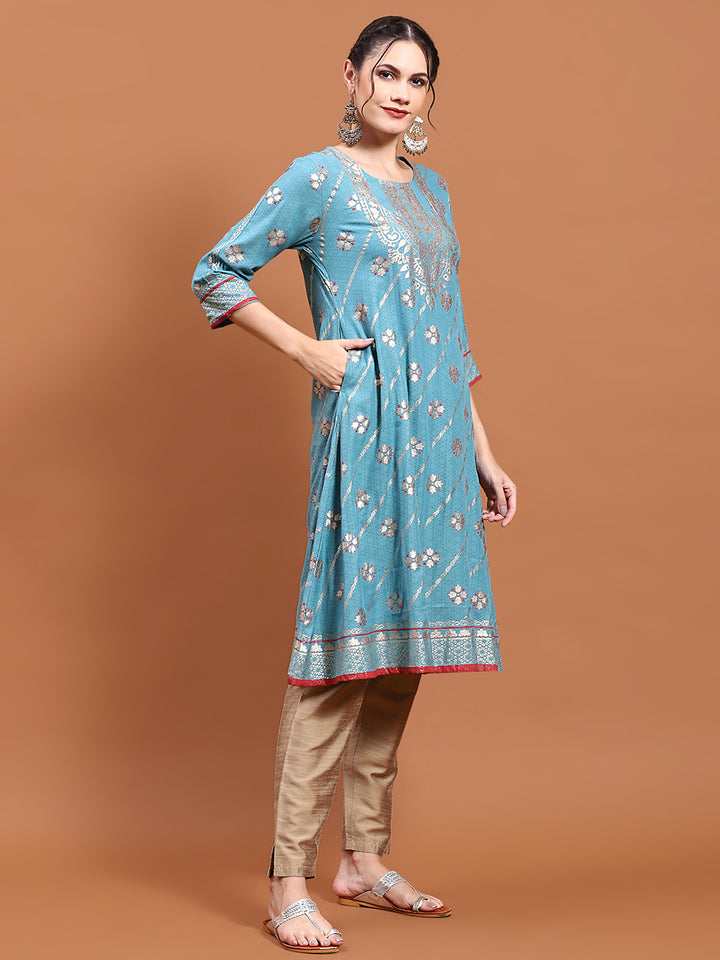 Women's Liva (Rayon) Teal Floral Print Kurta