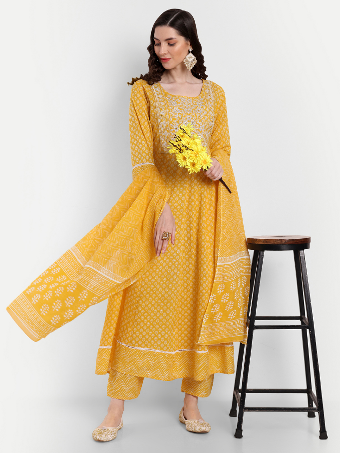 Women's Anarkali Cotton Printed Embroidered Kurta Pant And Dupatta
