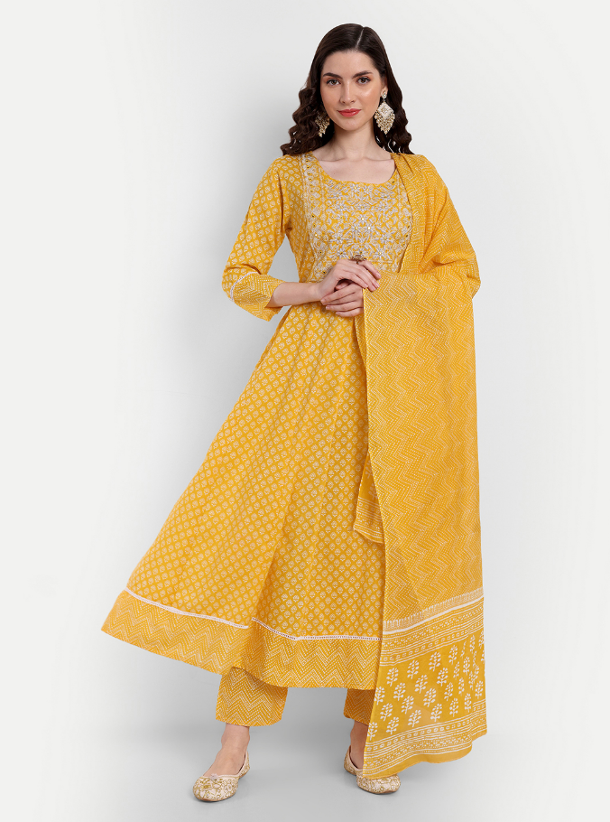 Women's Anarkali Cotton Printed Embroidered Kurta Pant And Dupatta