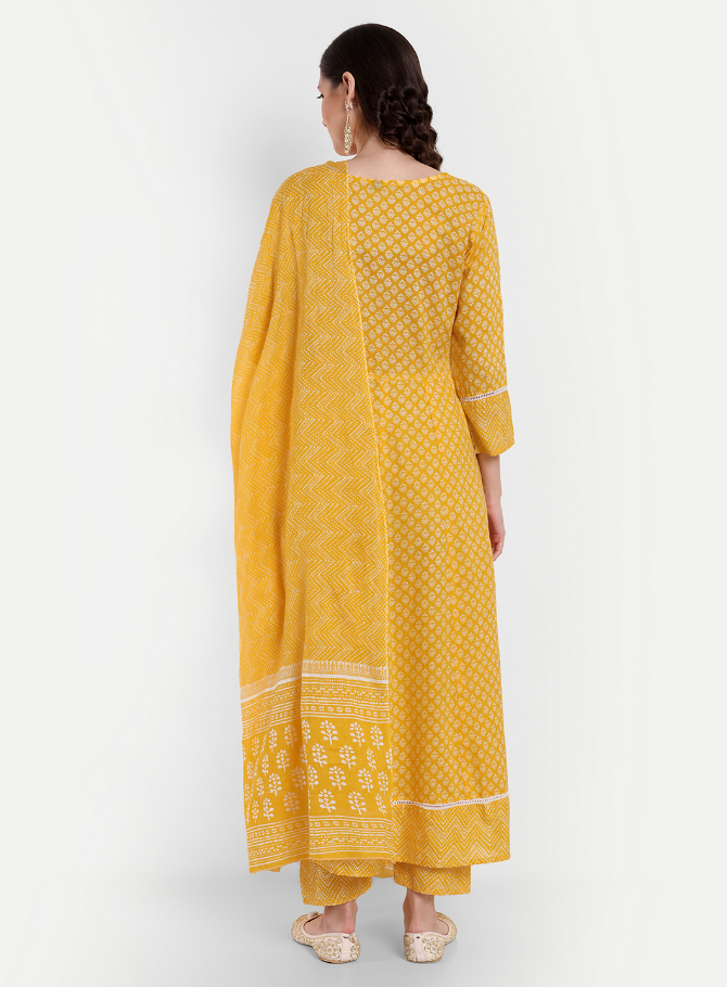 Women's Anarkali Cotton Printed Embroidered Kurta Pant And Dupatta