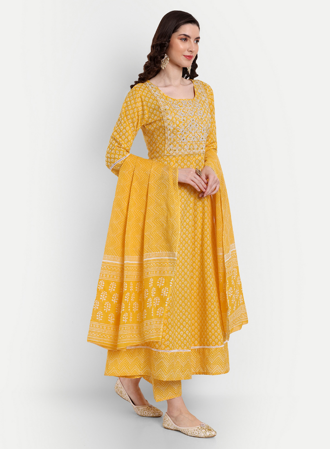 Women's Anarkali Cotton Printed Embroidered Kurta Pant And Dupatta