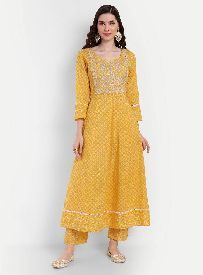 Women's Anarkali Cotton Printed Embroidered Kurta Pant And Dupatta