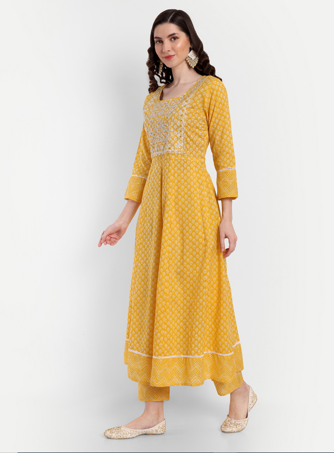 Women's Anarkali Cotton Printed Embroidered Kurta Pant And Dupatta