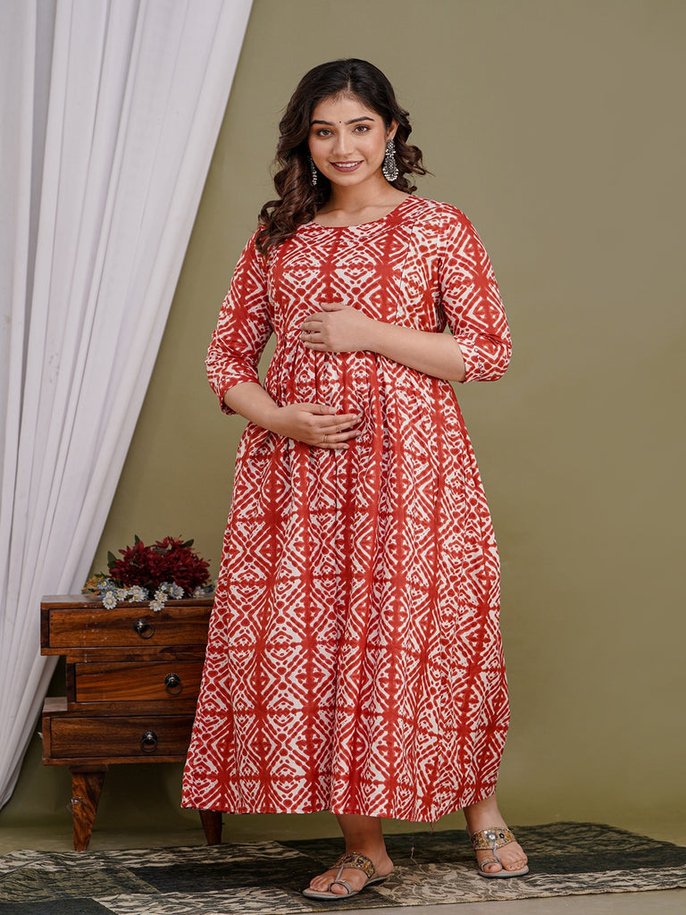 Women's Floral Printed Red Pure Cotton Flared Maternity Maxi Dress