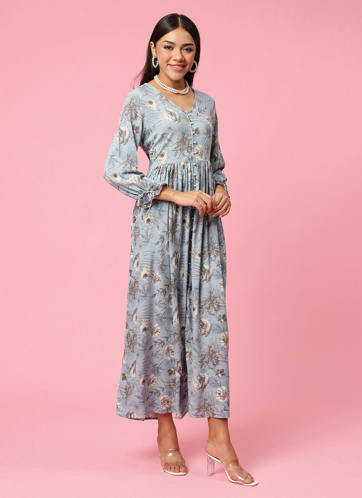 Women's Liva (Rayon) Blue Floral Print Dress