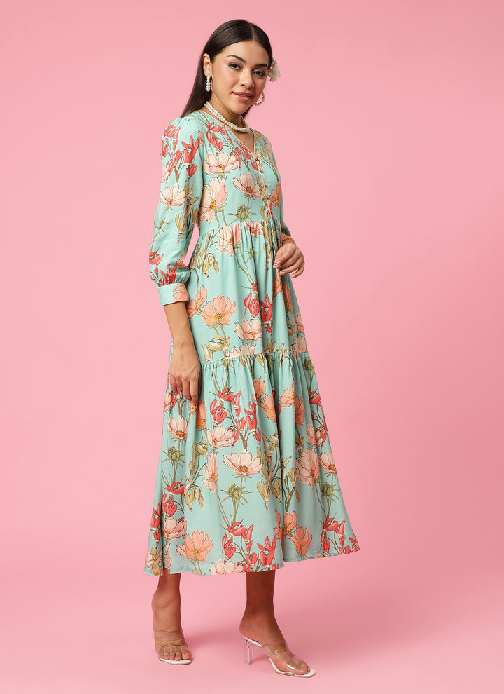 Women's Liva (Rayon) Blue Floral Print Dress