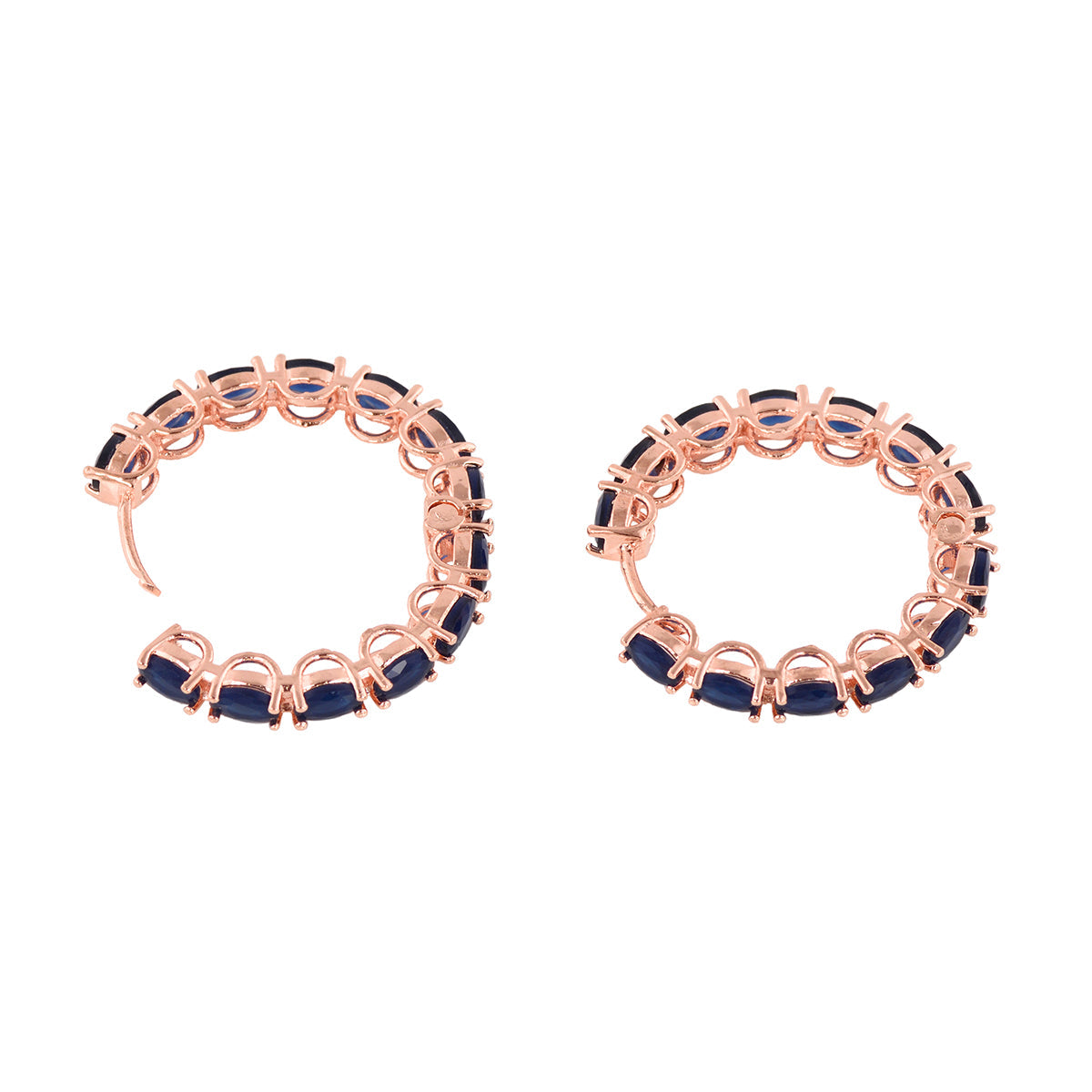 Sapphire Studded Hoops Rose Gold Plated Blue Round Big Earrings for Women and Girls
