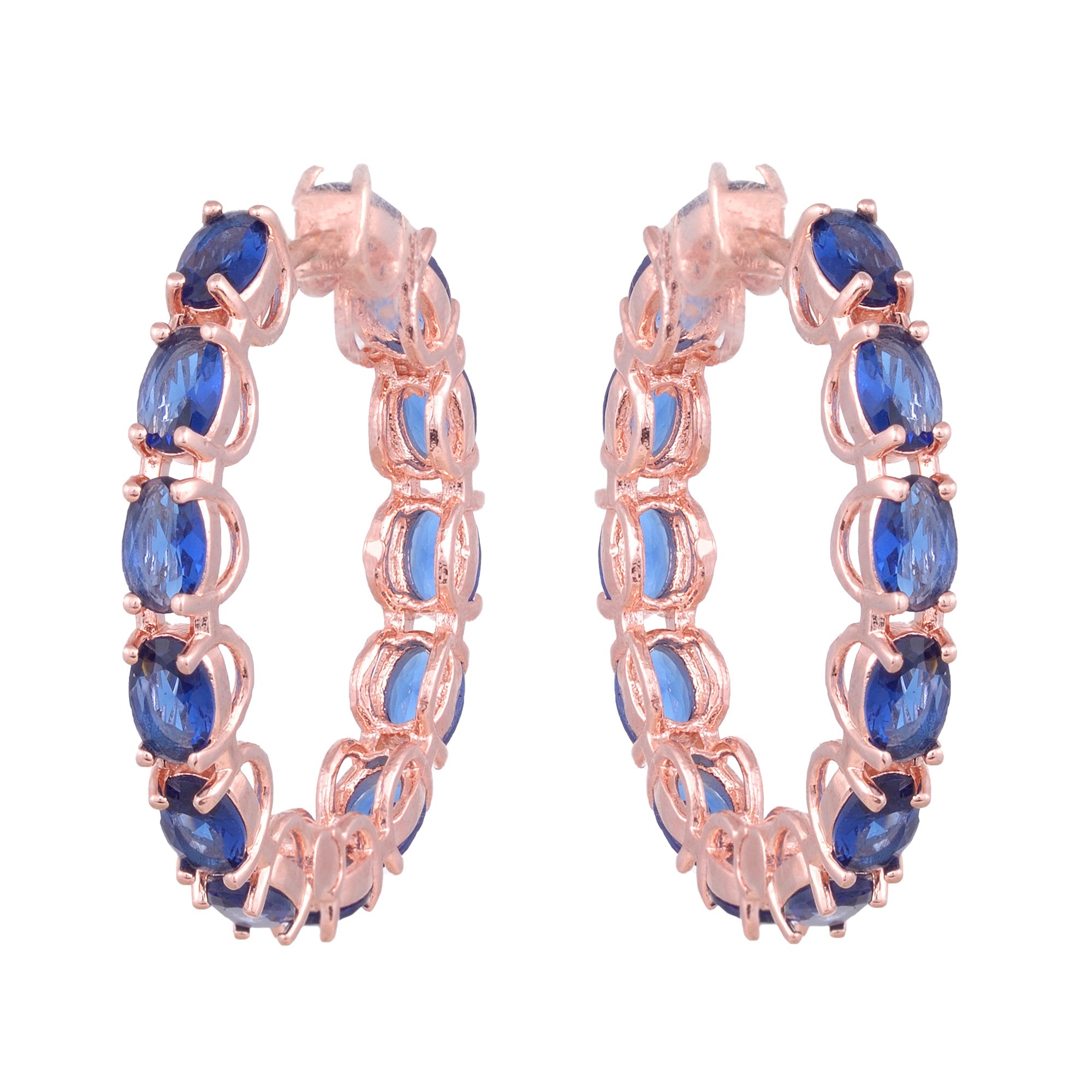 Sapphire Studded Hoops Rose Gold Plated Blue Round Big Earrings for Women and Girls