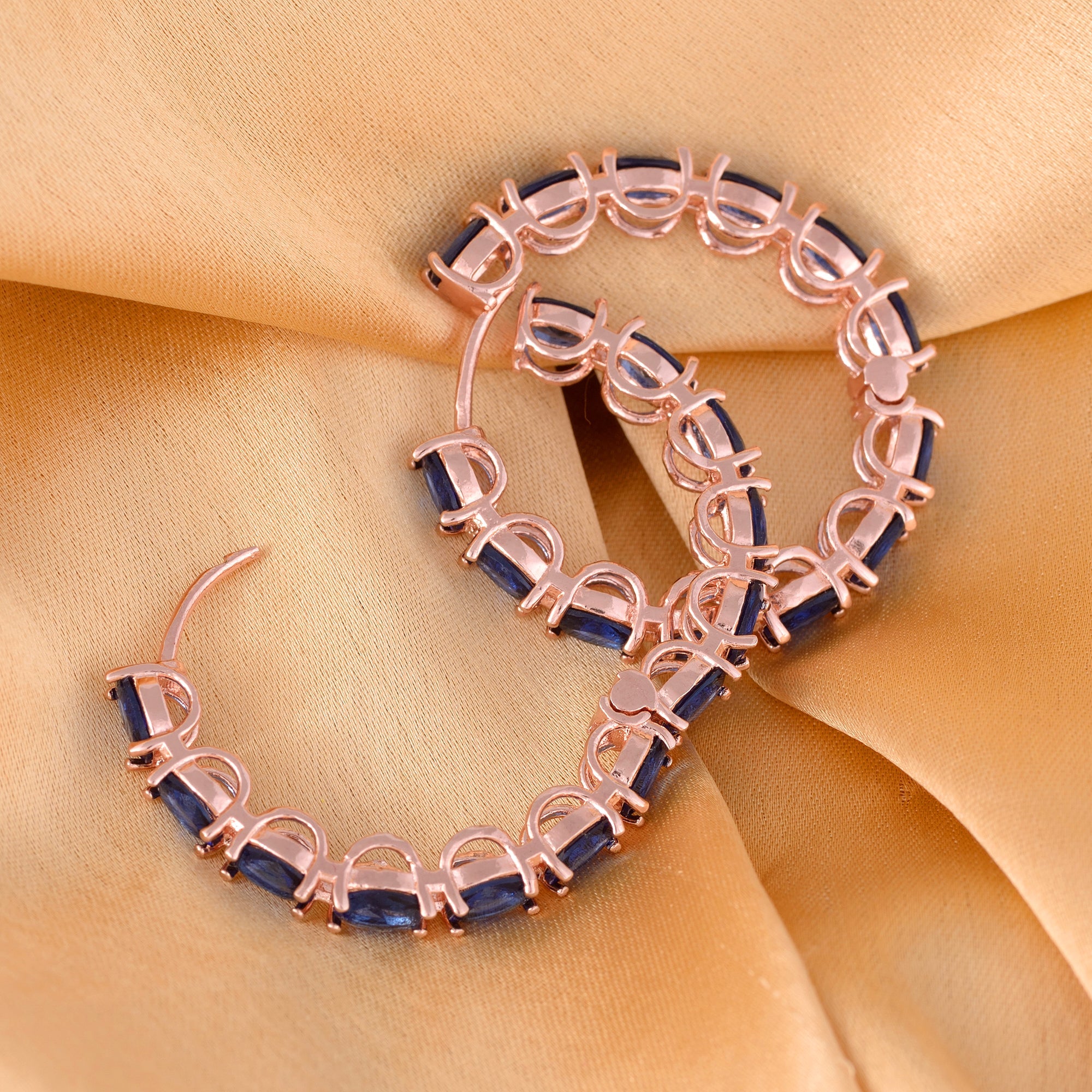 Sapphire Studded Hoops Rose Gold Plated Blue Round Big Earrings for Women and Girls