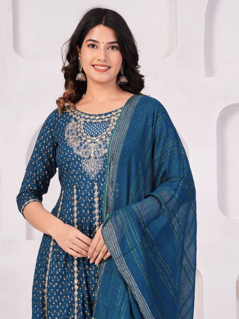 Women's Ethnic Motifs Printed Panelled Thread Work Kurta With Trousers & Dupatta