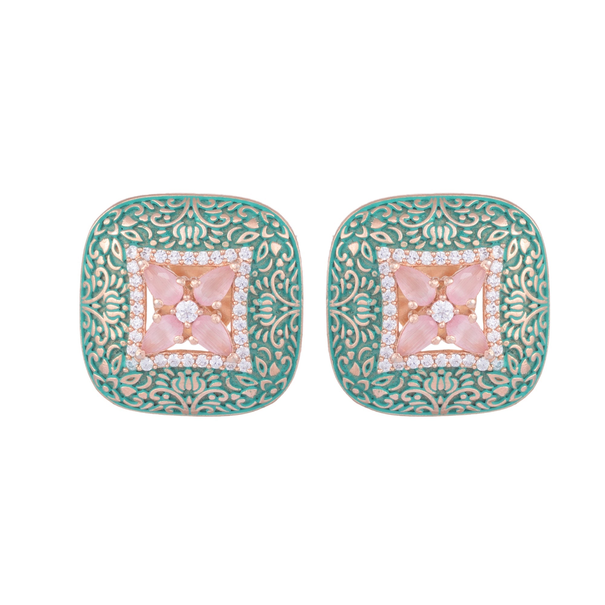 Teal Enamelled Studs Green Meenakari & Pastel Pink Ad Small Earrings for Women and Girls
