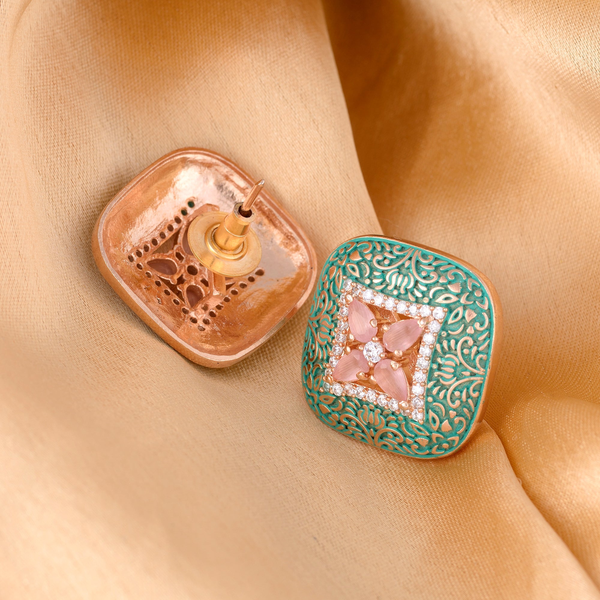 Teal Enamelled Studs Green Meenakari & Pastel Pink Ad Small Earrings for Women and Girls