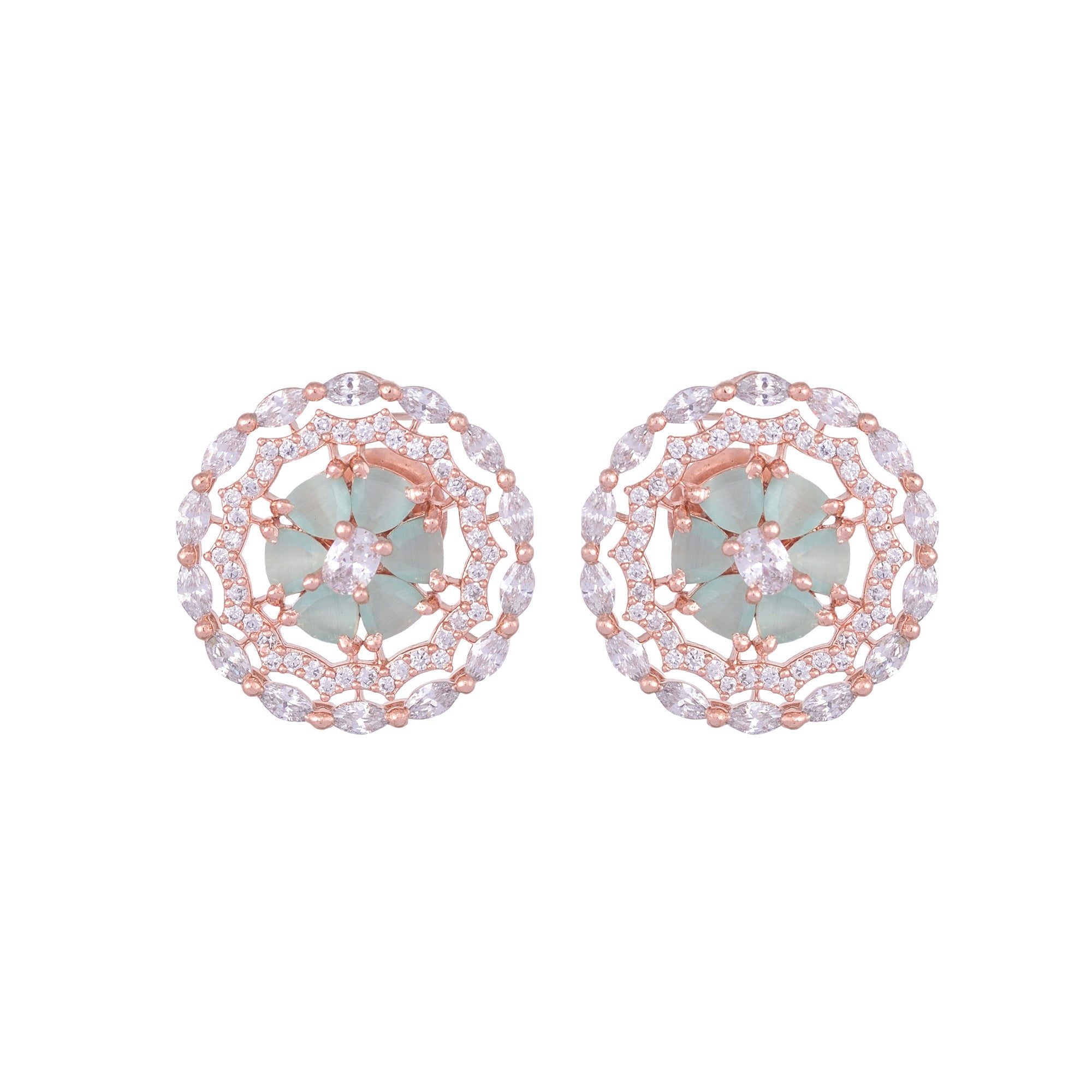 Stunning Pastel Blue Studs Amercan Diamond Studded Rose Gold Plated Small Earrings for Women and Girls