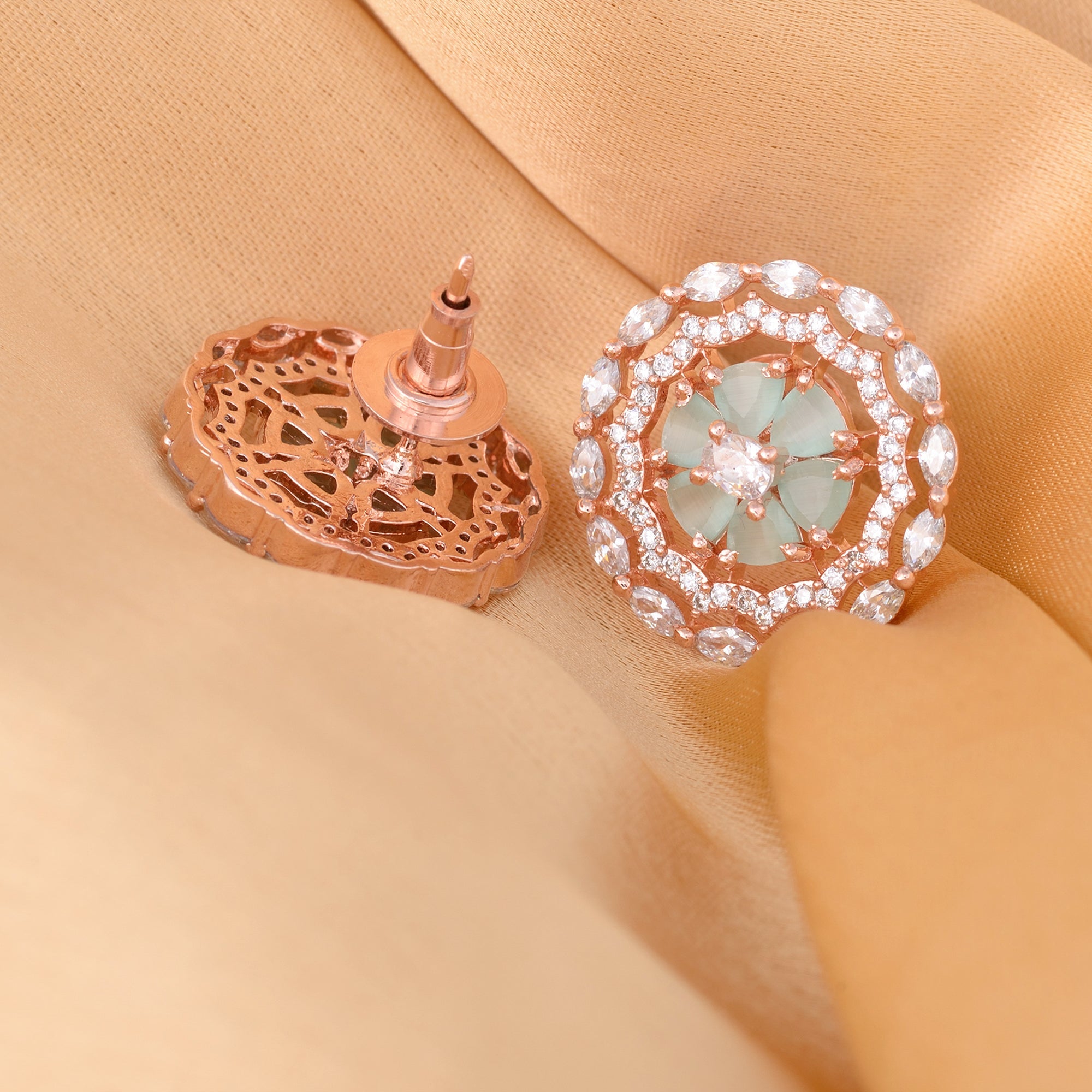 Stunning Pastel Blue Studs Amercan Diamond Studded Rose Gold Plated Small Earrings for Women and Girls