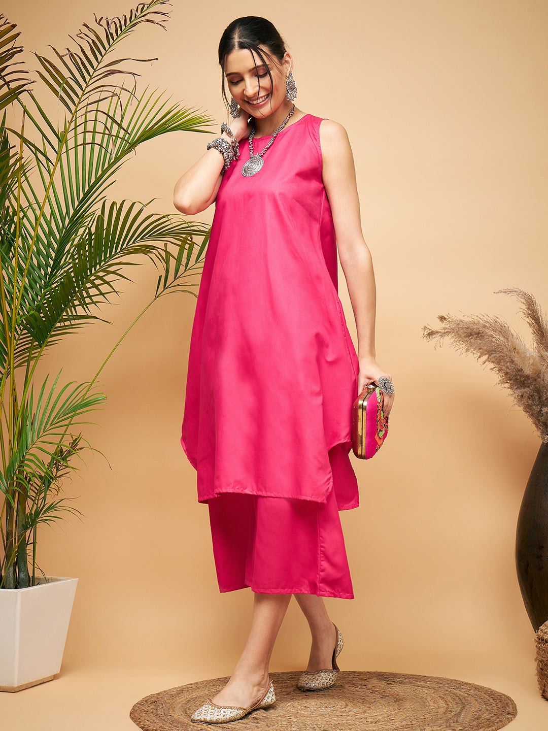 Women's Fuchsia Short Kurta Palazzo Set - InWeave