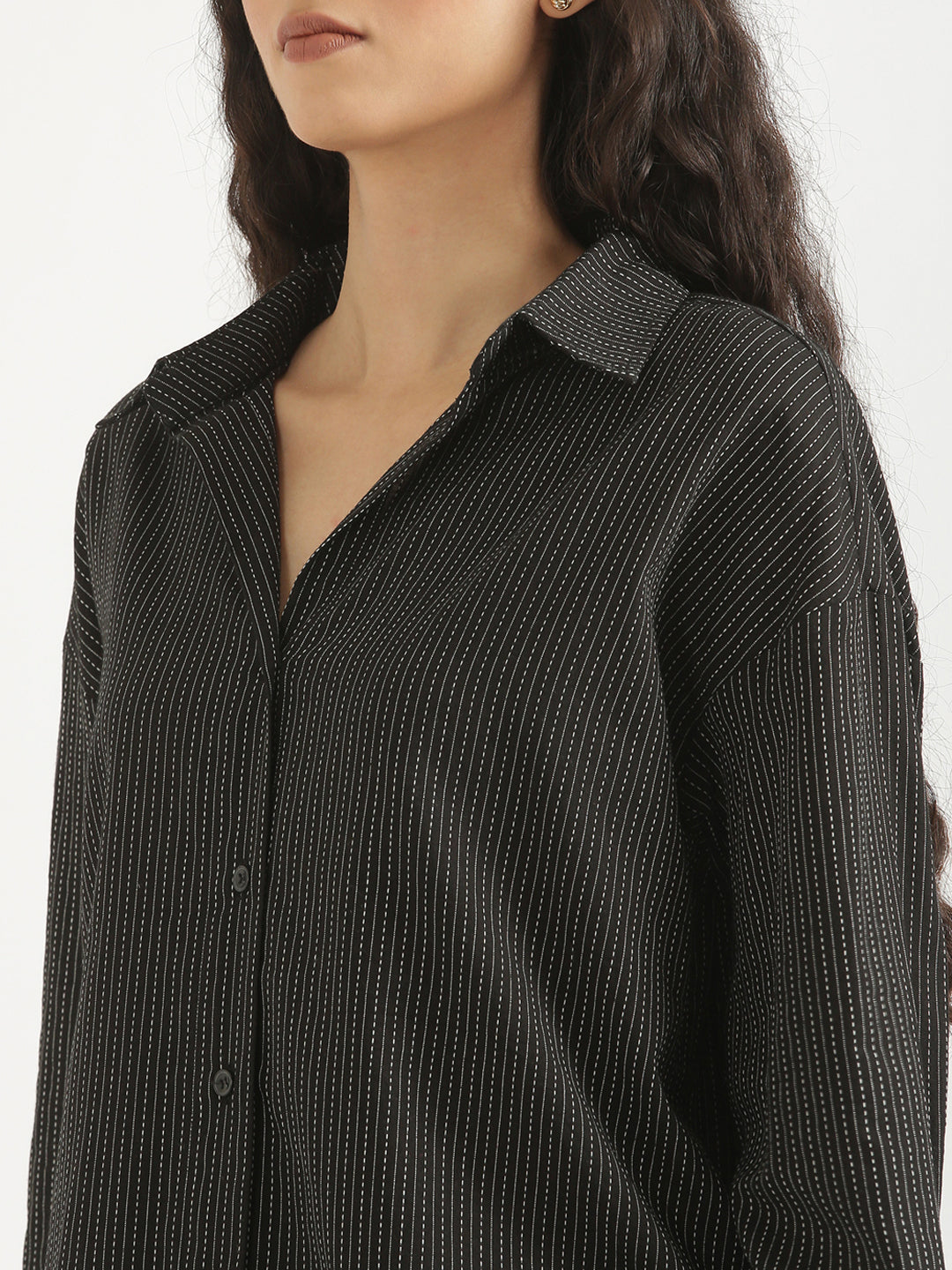 Women's Airy Linen Textured Casual Oversize Black Shirt - Suti-Kapda