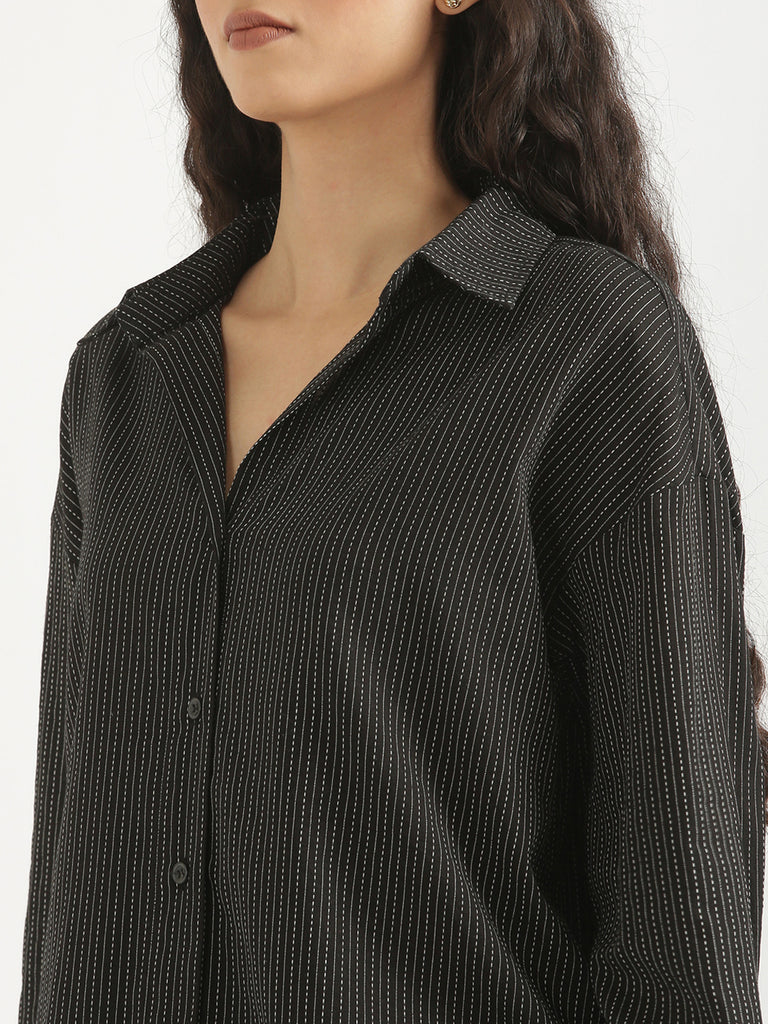 Women's Airy Linen Textured Casual Oversize Black Shirt