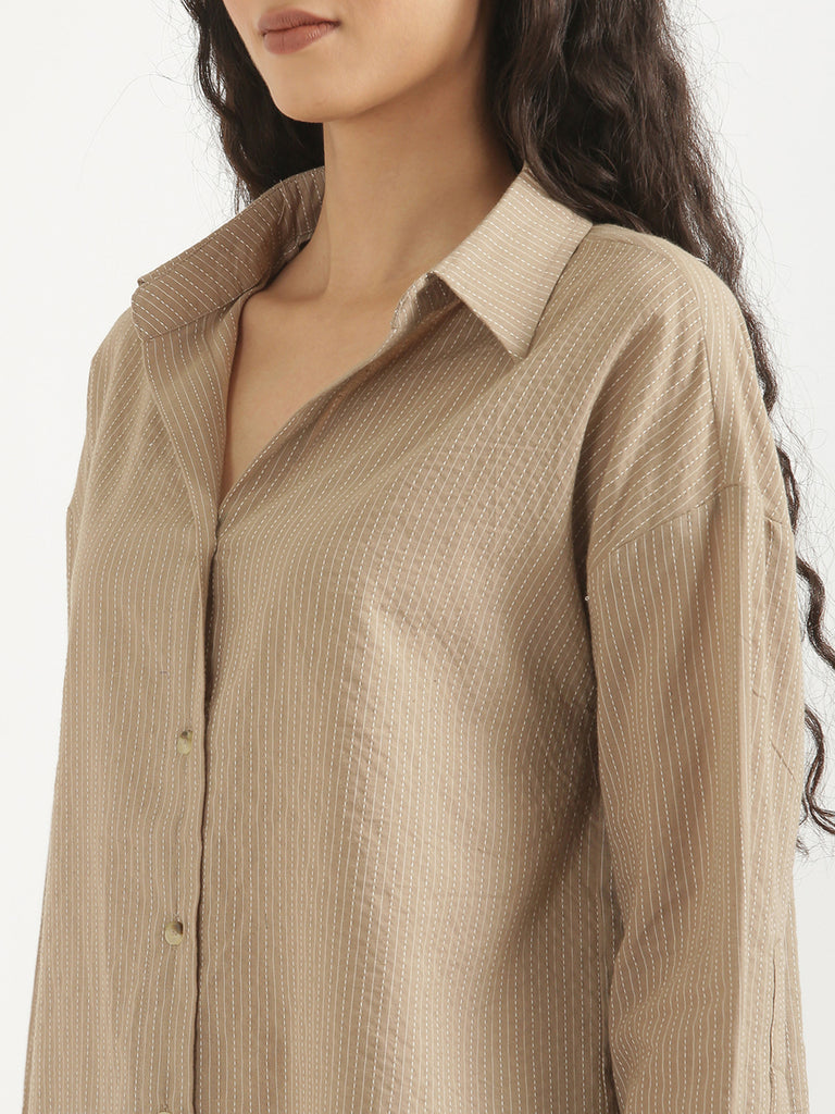 Women's Airy Linen Textured Casual Oversize Nude Brown Shirt