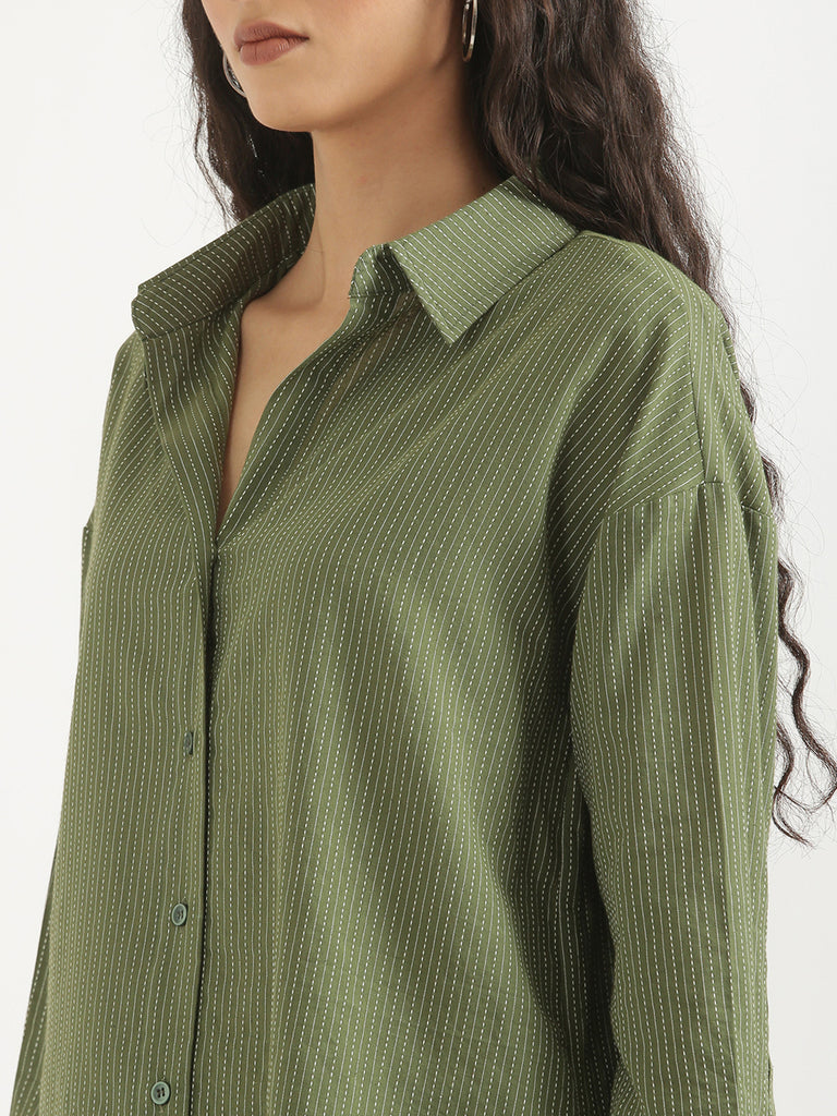 Women's Airy Linen Textured Casual Oversize Olive Shirt