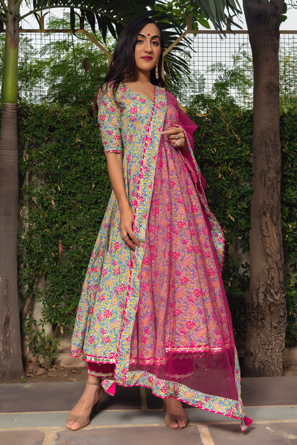 Women Multicolor Cotton Anarkali Kurta with Pant
