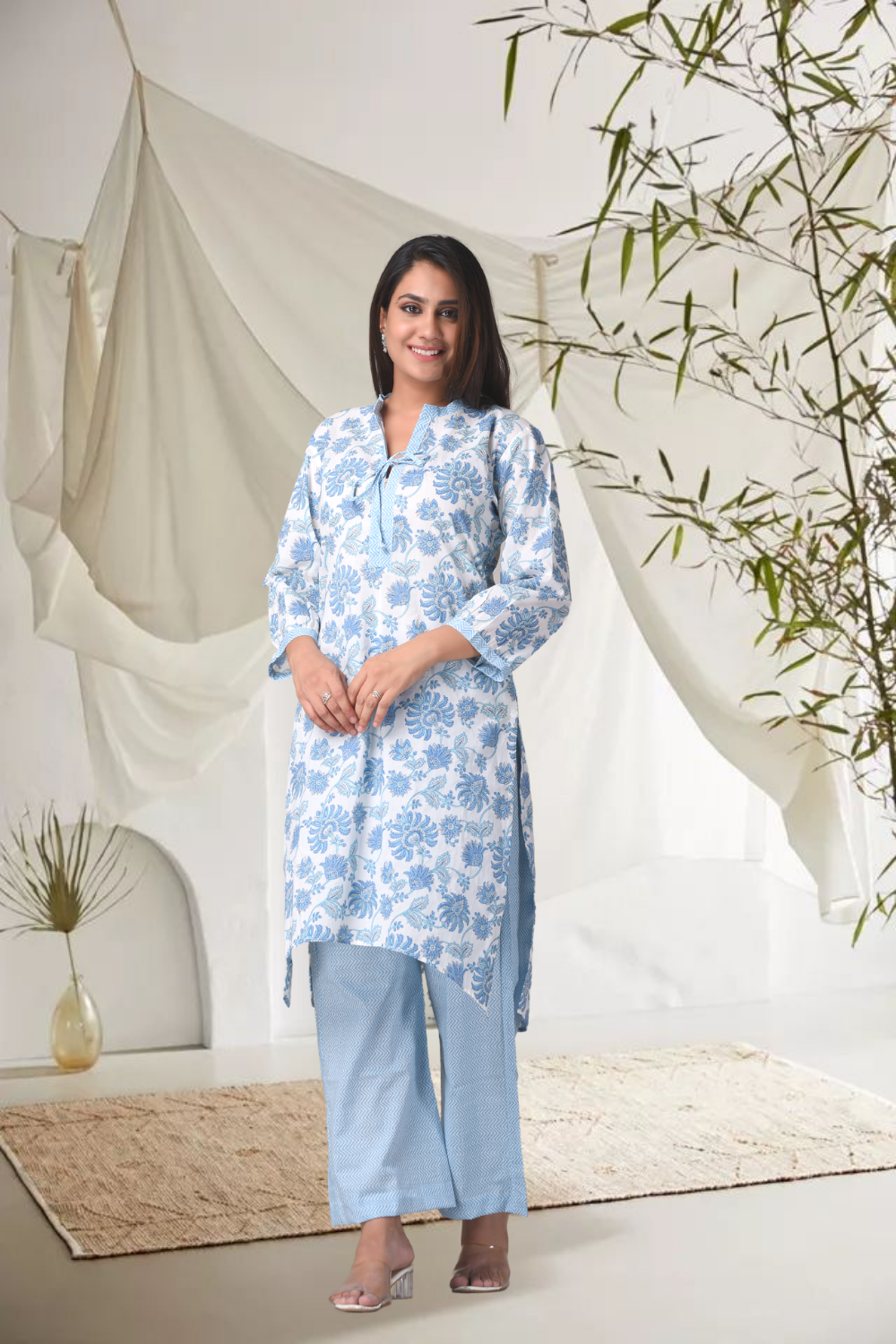 Women's White & Blue Cotton Floral Hilo Kurta Pants Set - (Set Of 2) - Nangalia Ruchira