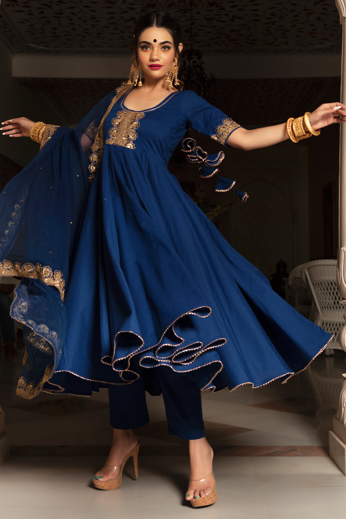 Women's Blue Anarkali suit with Dupatta by Pomcha Ja