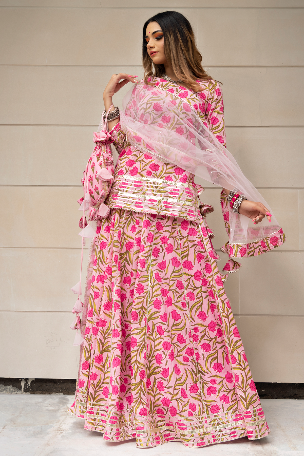 Women's Tulsi Pink Cotton Hand Block Skirt Set