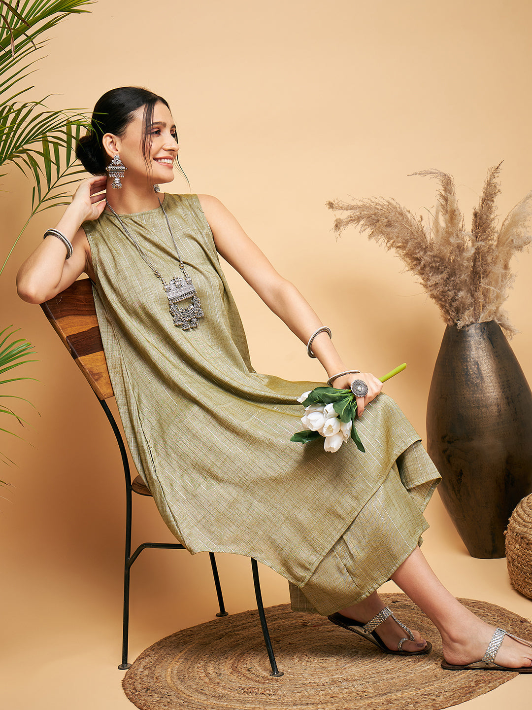 Women's Olive Lurex Short Pallazo Kurta Set - InWeave