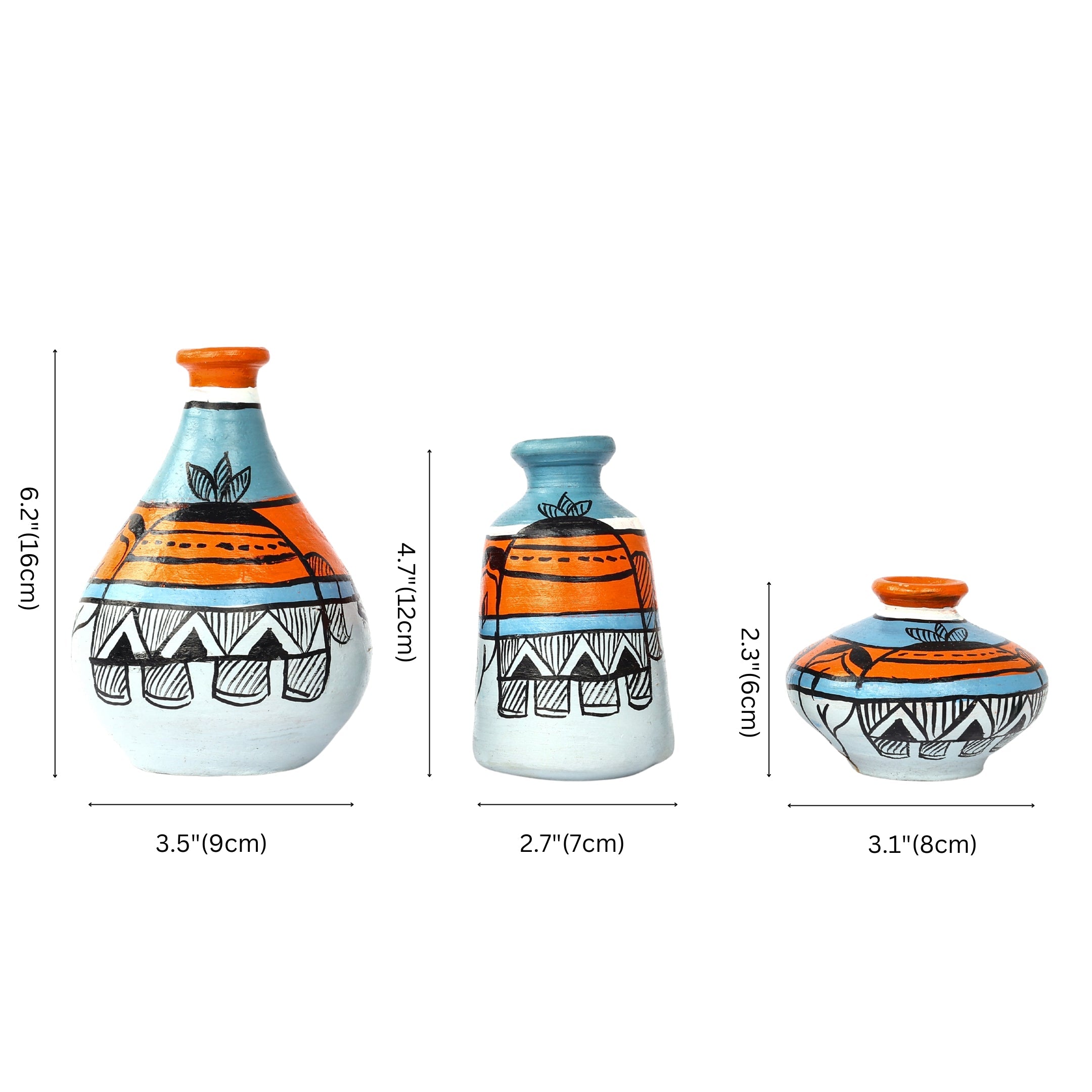 Handcrafted Multicolour Terracotta Pots for Home Decor - Set of 3 - Madhubani Hand Painting - Natriel