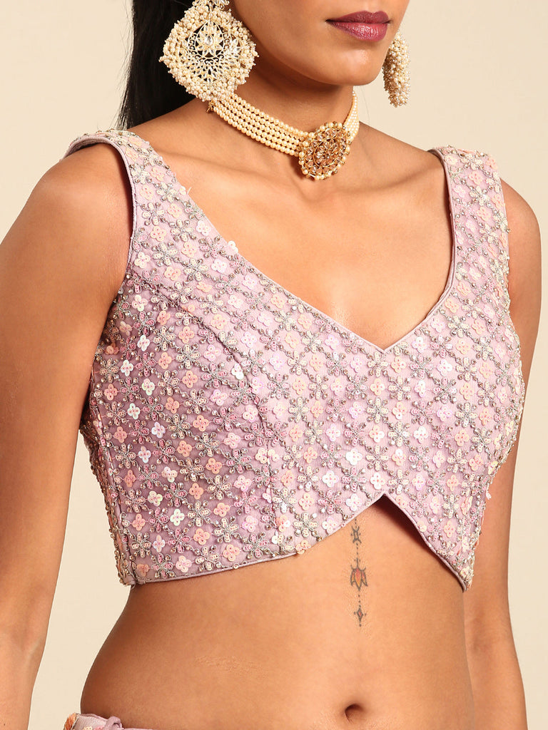Women 's Mauve Net Multi Sequins with heavy Zarkan embroidery Ready to Wear Lehenga choli & Dupatta