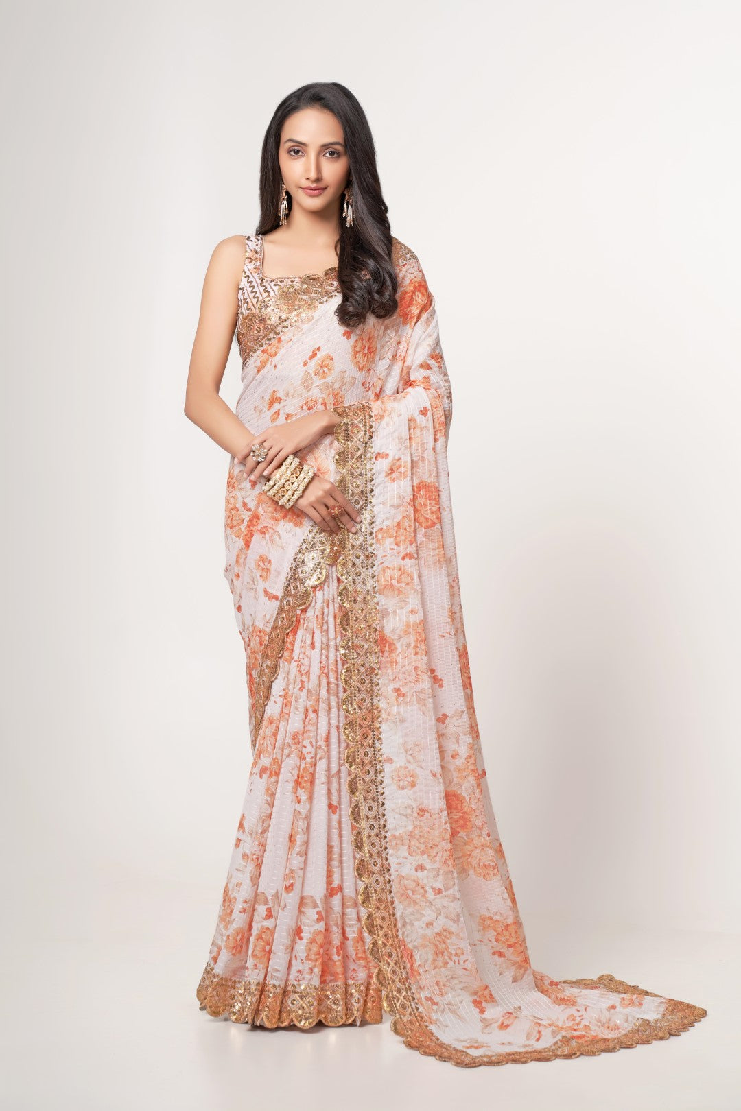 Women's White Organza Print Saree - Meghalya