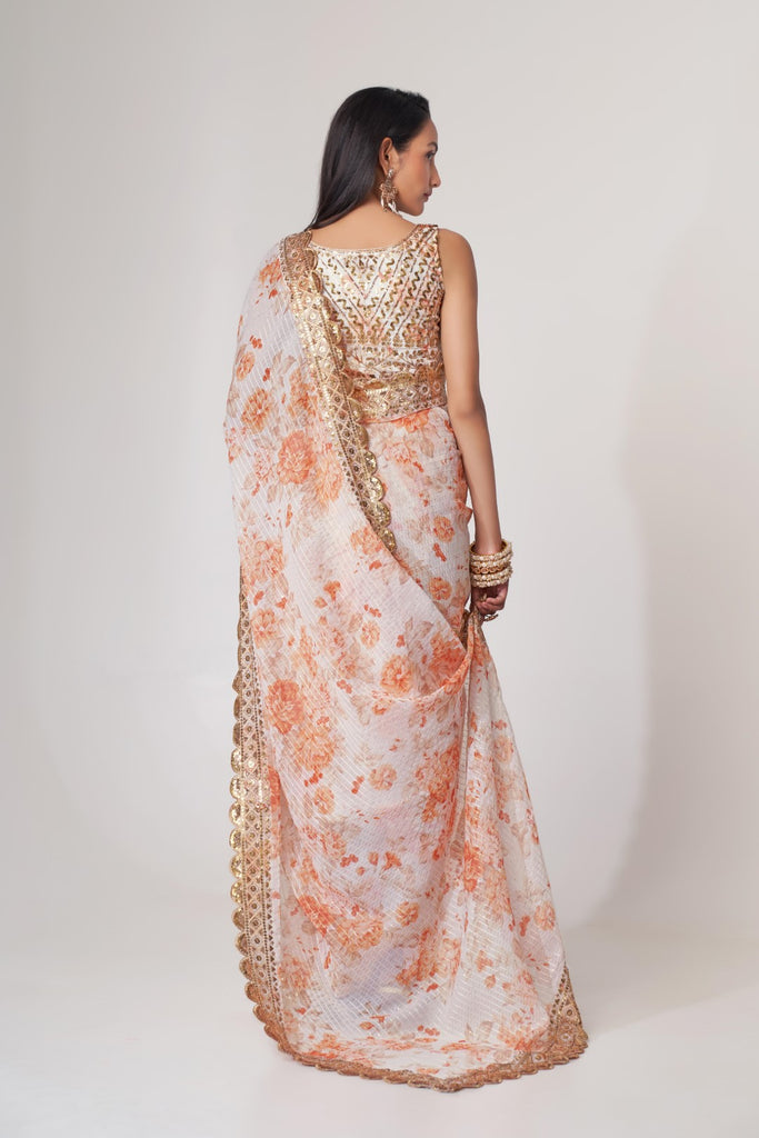 Women's White Organza Print Saree