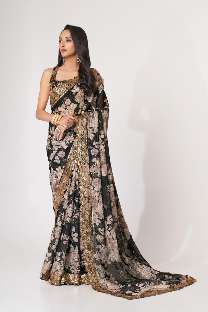 Women's Black Organza Print Saree