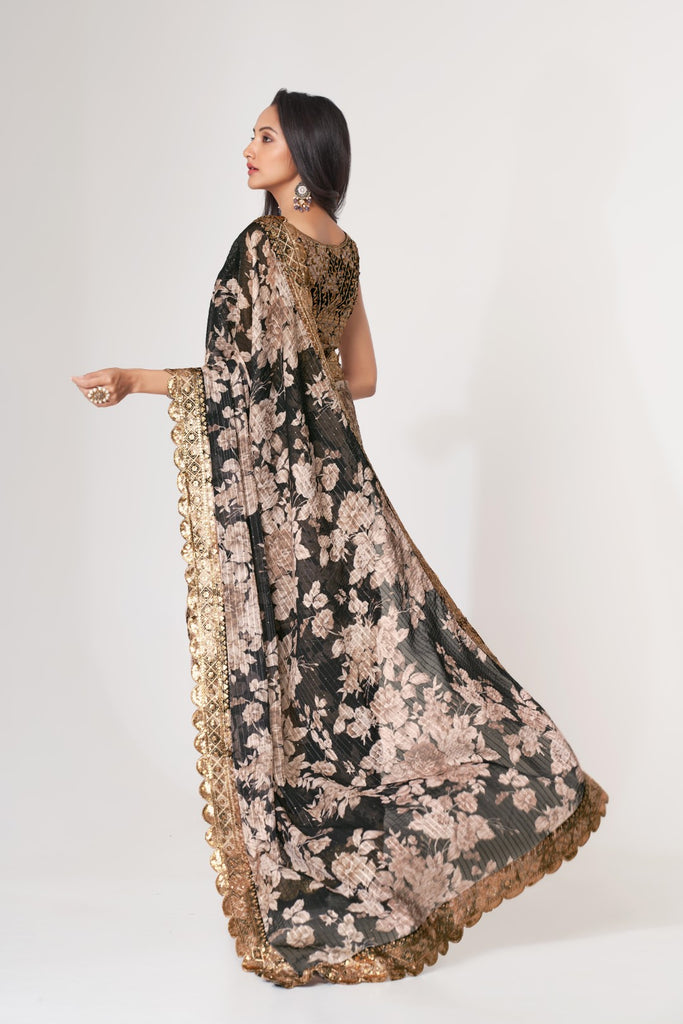Women's Black Organza Print Saree
