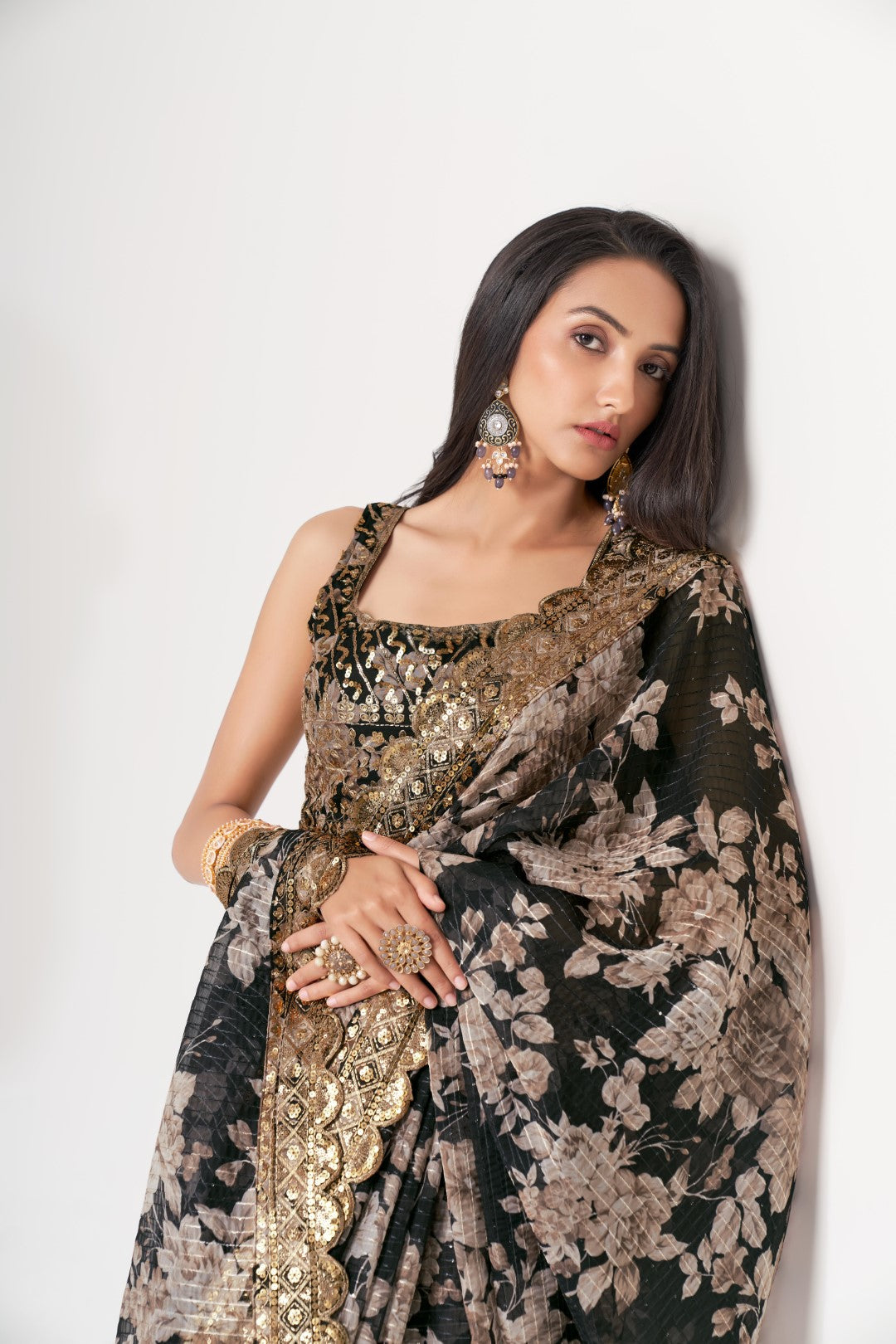 Women's Black Organza Print Saree - Meghalya