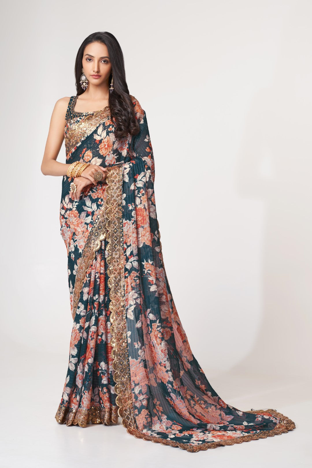 Women's Dove Blue Organza Print Saree - Meghalya