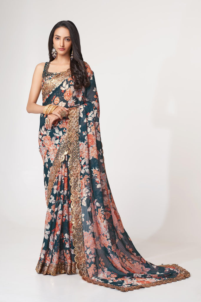 Women's Dove Blue Organza Print Saree
