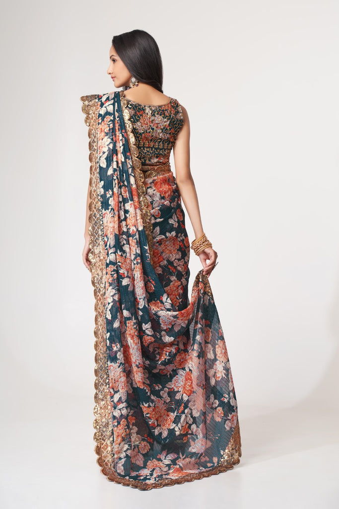 Women's Dove Blue Organza Print Saree