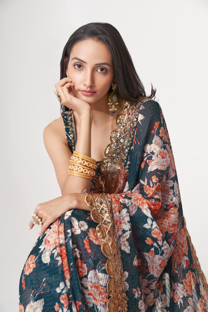 Women's Dove Blue Organza Print Saree